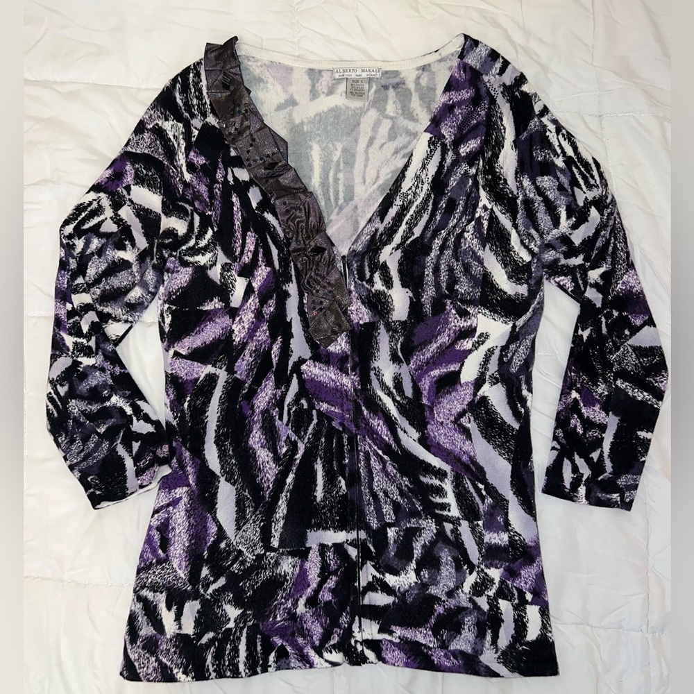 EUC Alberto Makali Sweater Zip Top w/Ruffle Sequence and Black Beading, Sz L